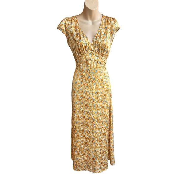Reformation Size 6 Kaye Junie V-neck Gold Tie Back Silk Satin Floral Long Dress - Picture 1 of 13
